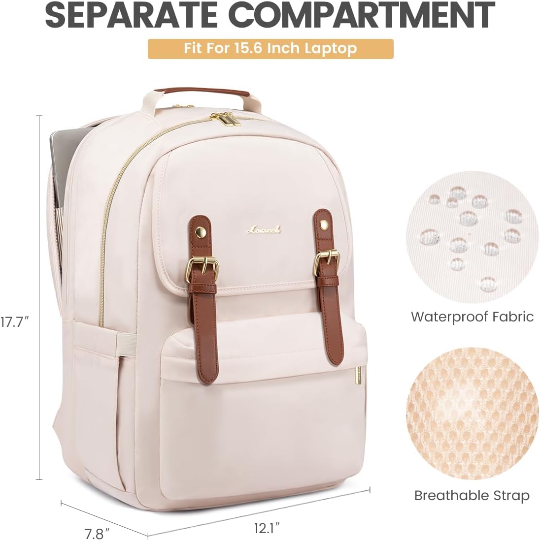 LOVEVOOK Mochila para laptop para mujer, mochila de viaje informal para la universidad, Beige, Moda