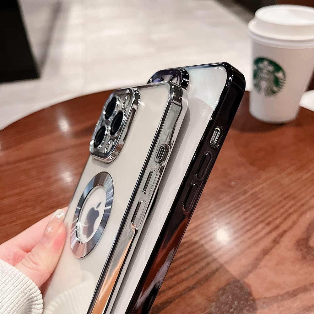 Funda para iPhone 13 Pro con protector de lente de cámara, vista de logotipo para mujeres y hombres, chapado suave, transparente, delgada,