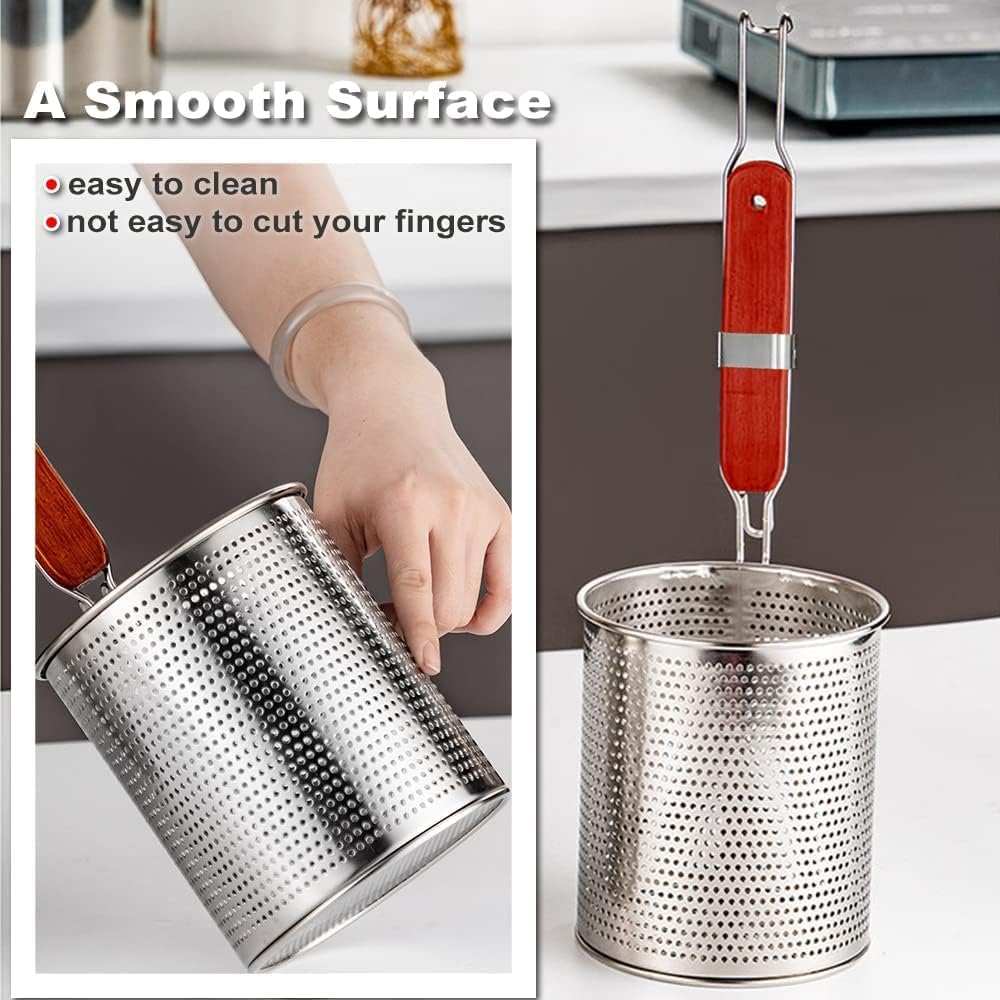 Colador de pasta de acero inoxidable microperforado con asa, colador de fideos para albóndigas de alimentos, cesta de pasta de fideos colados, 2