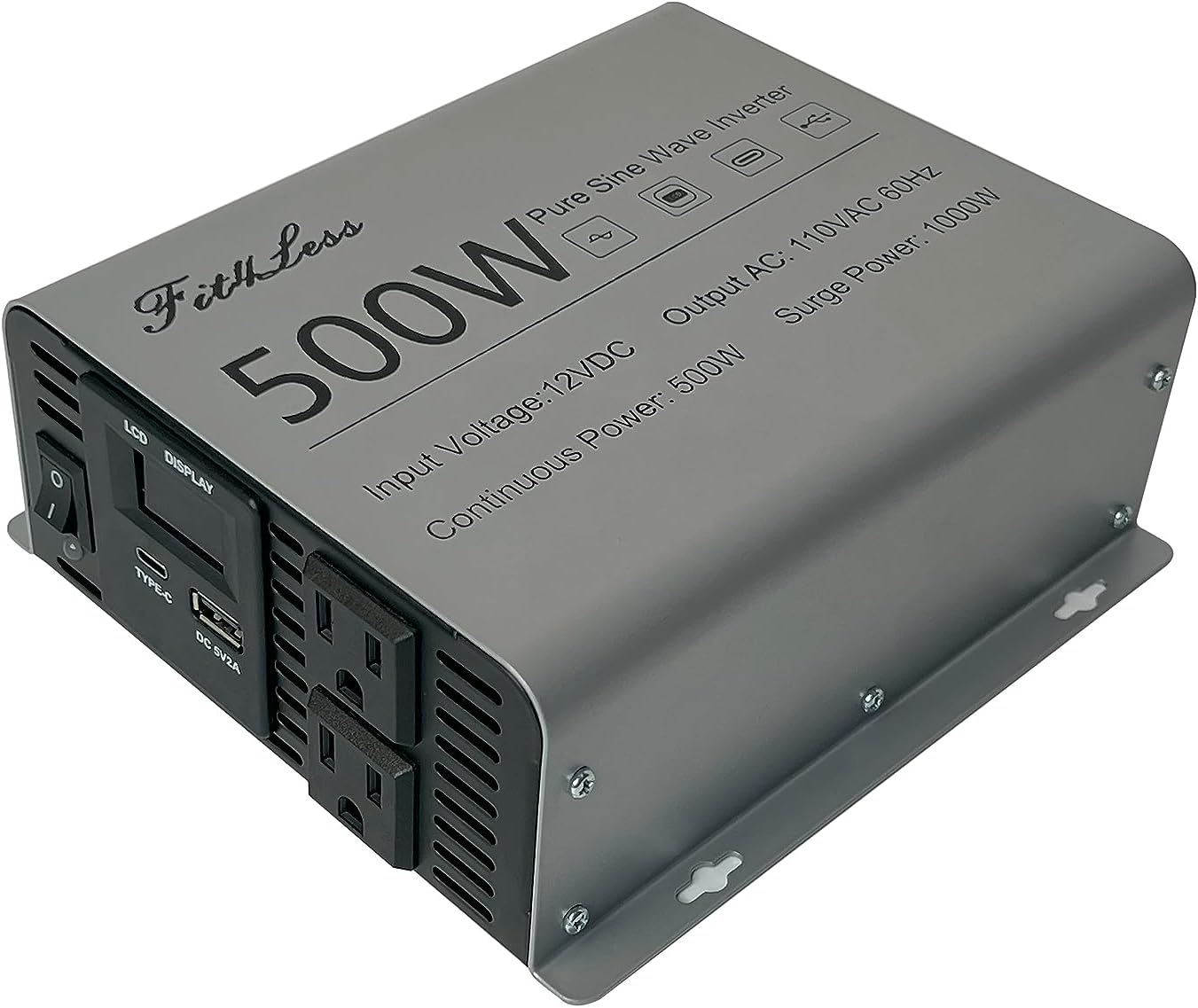 Inversor de onda sinusoidal pura, entrada de CC de 12 V y salida de CA de 110 V con pantalla LCD, puerto de salida USB, puerto de salida tipo C (500
