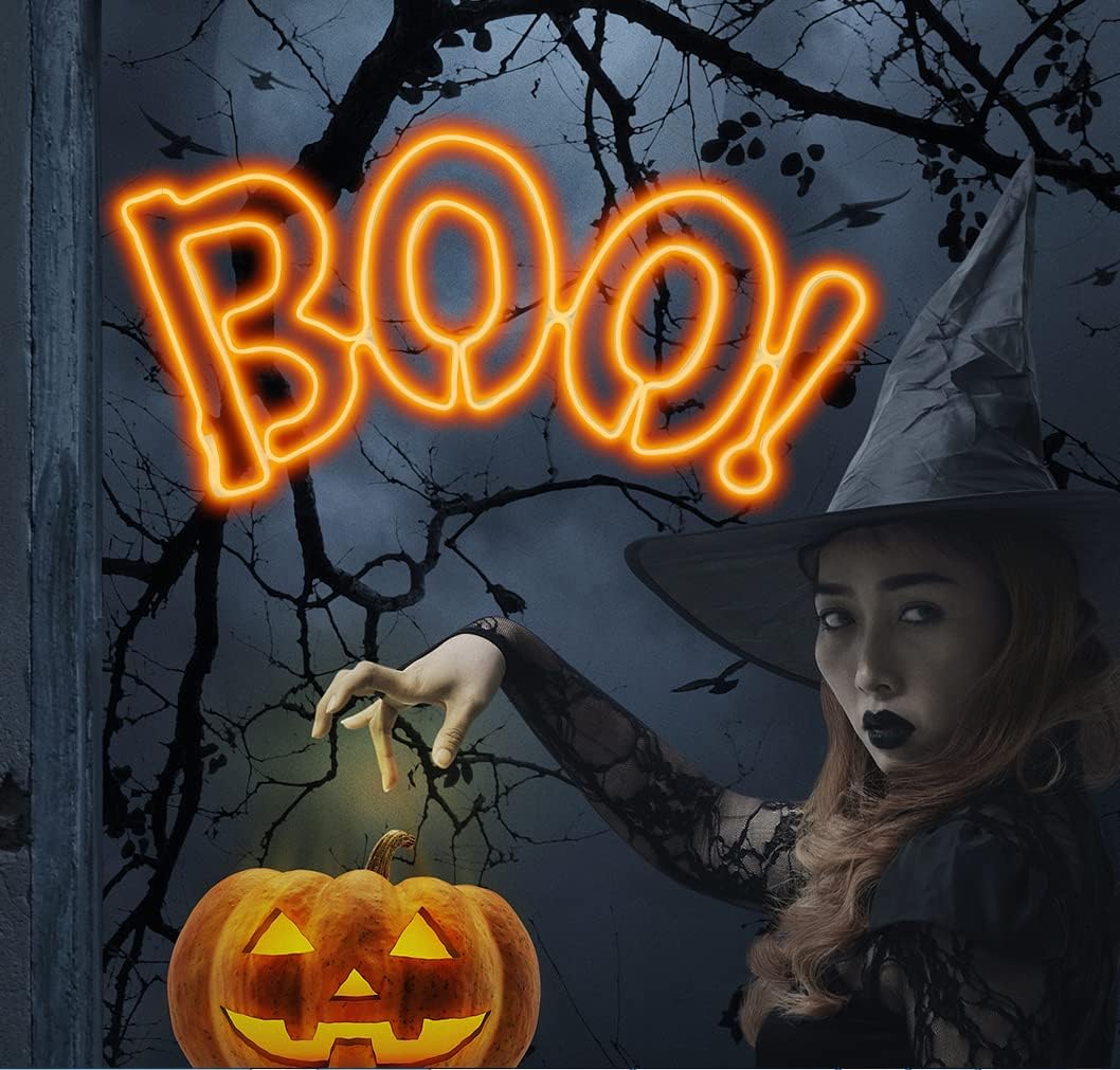 JUSTPRO Large 36×17 Inch Super-Bright 666LED Boo Neon Motif Orange LEDs Outdoor Halloween Decoration with UL Standard Adaptor Waterproof for Outdoor