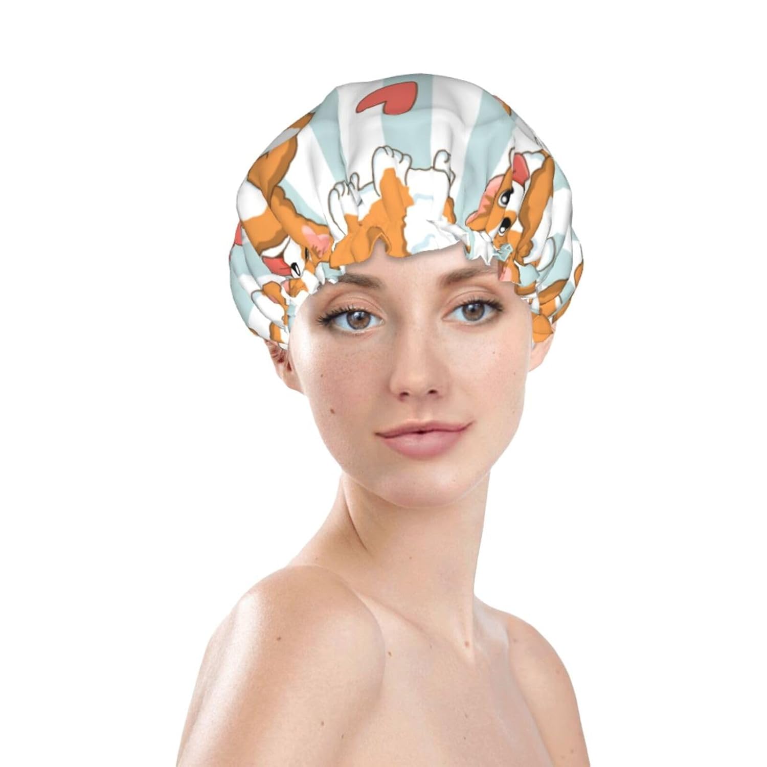 Gorro de ducha de lujo para mujer, diseño de caricaturas, encantadores, perros corgi y corazones, impermeable, reutilizable, doble capa para cabello