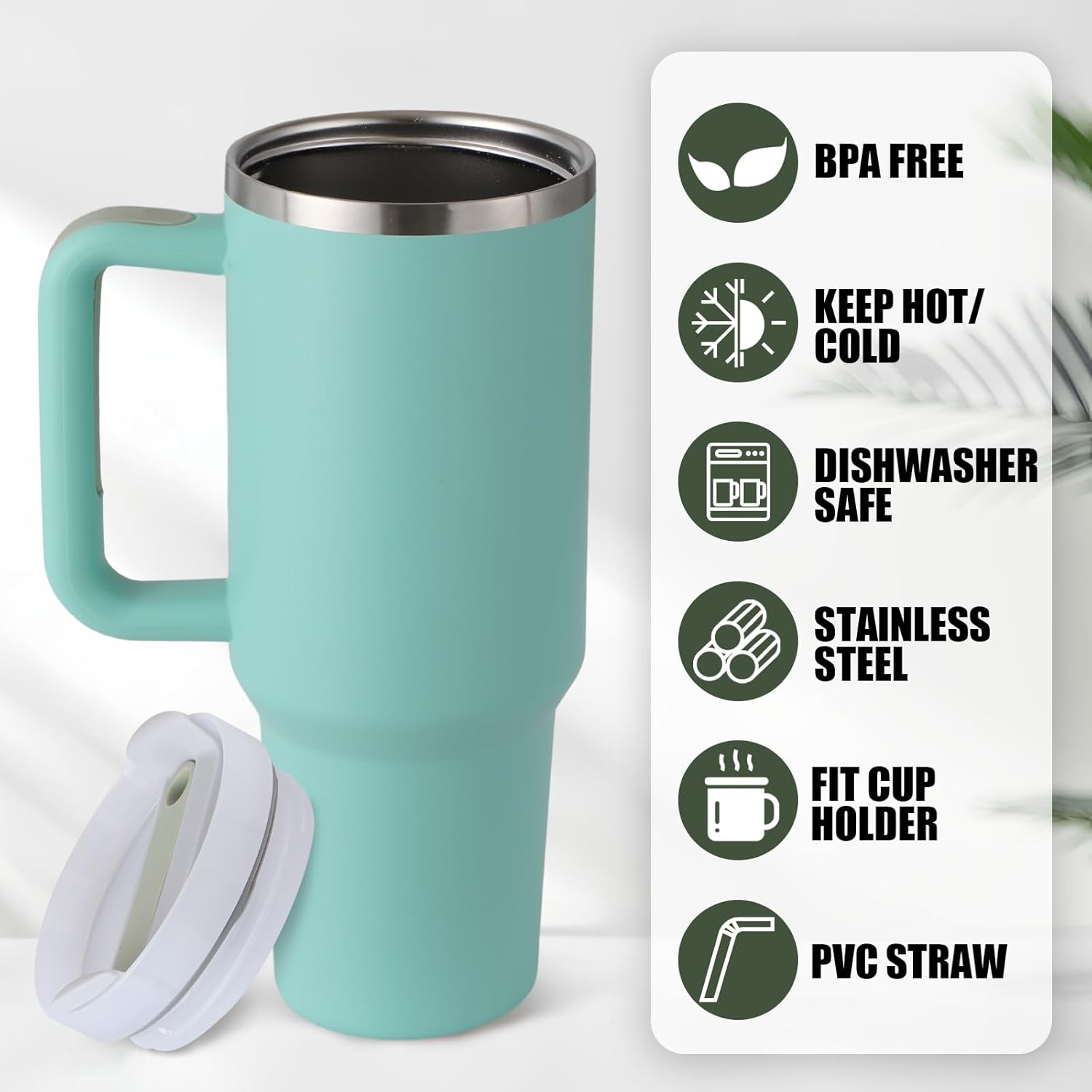 Vaso, vaso de 40 onzas con asa y pajita, vaso de acero inoxidable con tapa y tapa para pajilla, taza de viaje aislada al vacío de doble pared, vaso