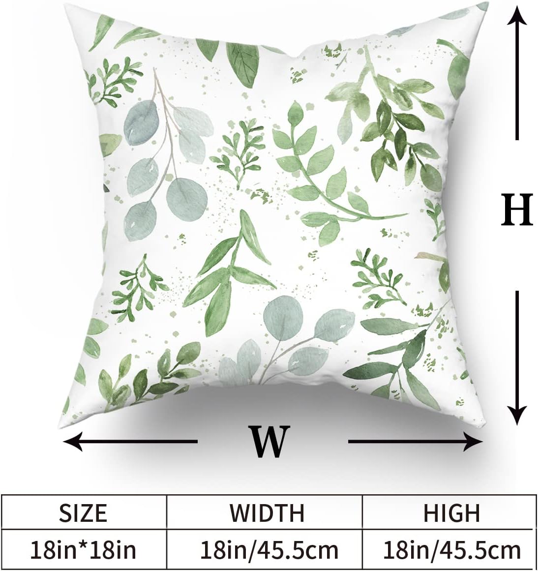 Juego de 2 fundas de almohada de color verde salvia de 16 x 16 pulgadas, fundas de almohada cuadradas de algodón suave con estampado de hojas para
