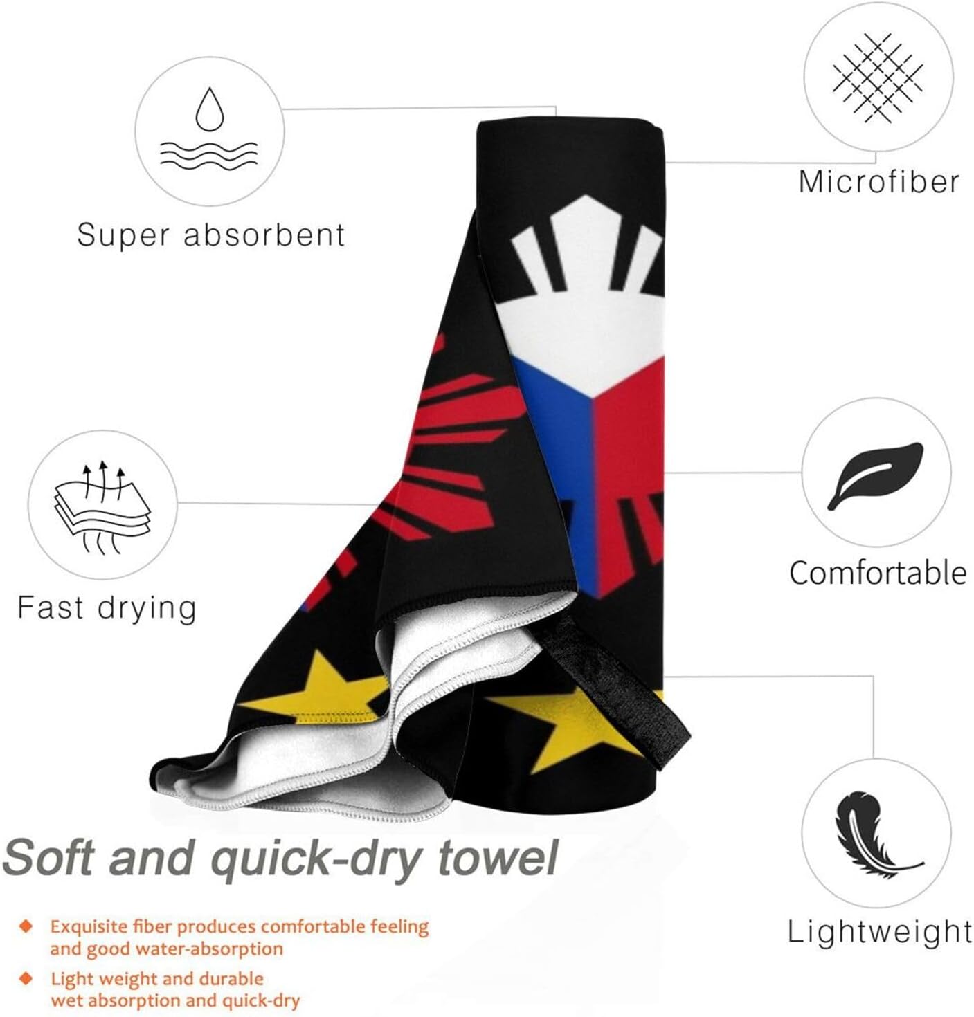 Toalla de baño absorbente de secado rápido con bandera filipina filipina con estrellas y sol, adecuada para baño, natación, deportes