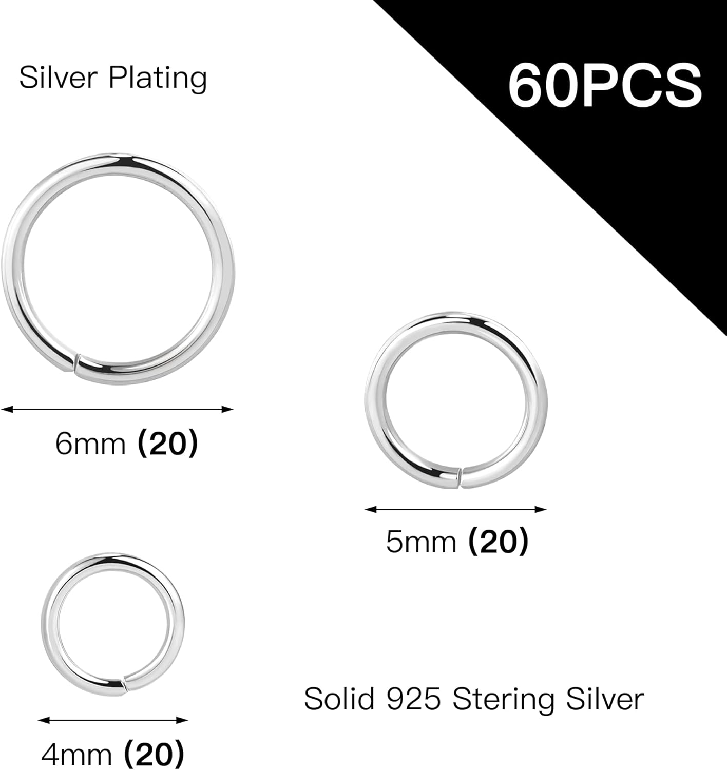 Anillos de plata de ley para hacer joyas de 0.157 in, 0.197 in, 0.236 in, plata de ley 925, anillos de salto abiertos para bricolaje (60 unidades)