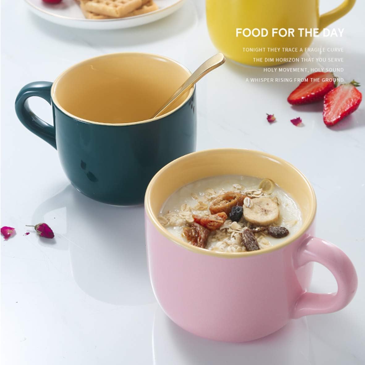TeenFighter Tazas de avena grandes de porcelana, 23 onzas (23.0 fl oz) de ancho, juego de 4, taza de desayuno y tazón de sopa, aptas para microondas