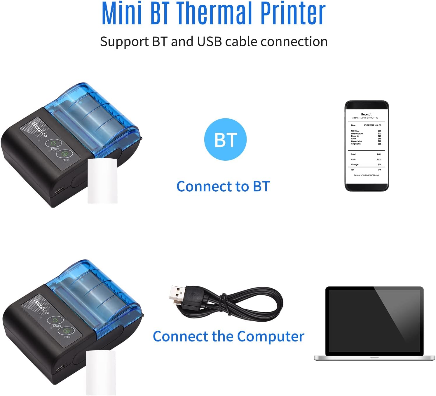 Mini impresora térmica portátil, impresora térmica de recibos de 2 pulgadas, impresora inalámbrica de boletos de recibos USB con papel de impresión