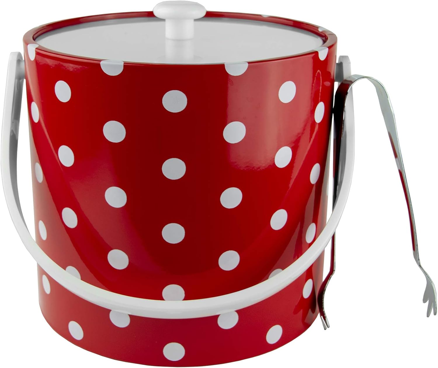 Cubo de hielo aislado de 3 cuartos de galón de doble pared rojo y blanco hecho a mano en Estados Unidos con pinzas para hielo (colección de lunares)