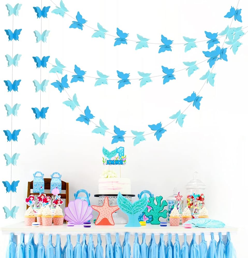 Guirnalda de papel de mariposa azul 3D para colgar en el hogar, decoración de techo, fiesta de cumpleaños, baby shower, boda, suministros de