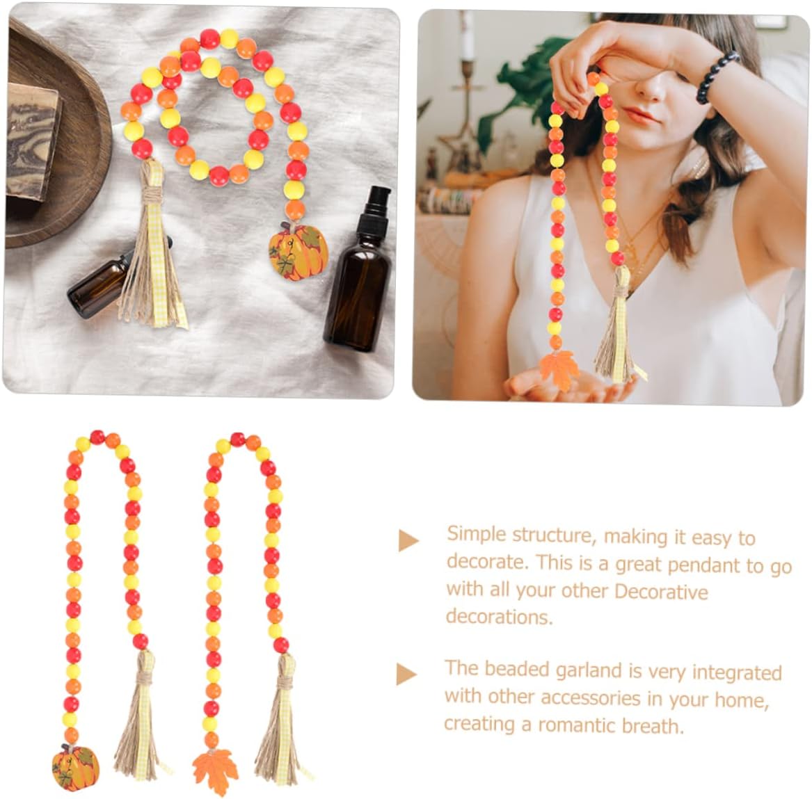 Artibetter 2 guirnaldas de cuentas de madera navideñas para colgar en otoño, guirnalda rústica con borlas, cuentas de madera colgantes de cosecha,