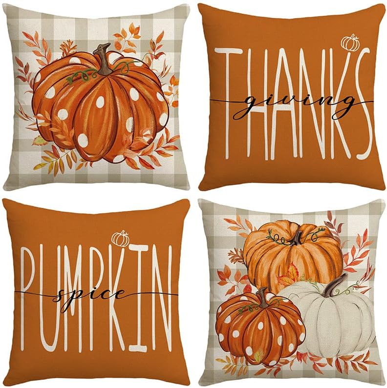 Fundas de almohada de otoño con diseño de calabaza y hojas de arce naranja para el hogar, 18 x 18 pulgadas, decoraciones de agradecimiento bendecido