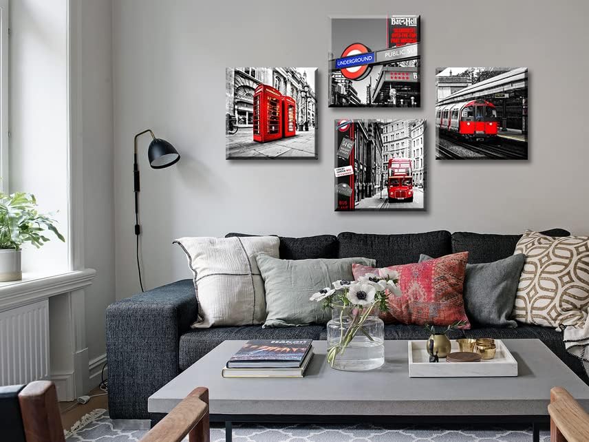JiazuGo Arte de pared en blanco y negro, decoración de pared roja, arte de construcción de ciudad, cabina de teléfono roja, autobús en Londres,