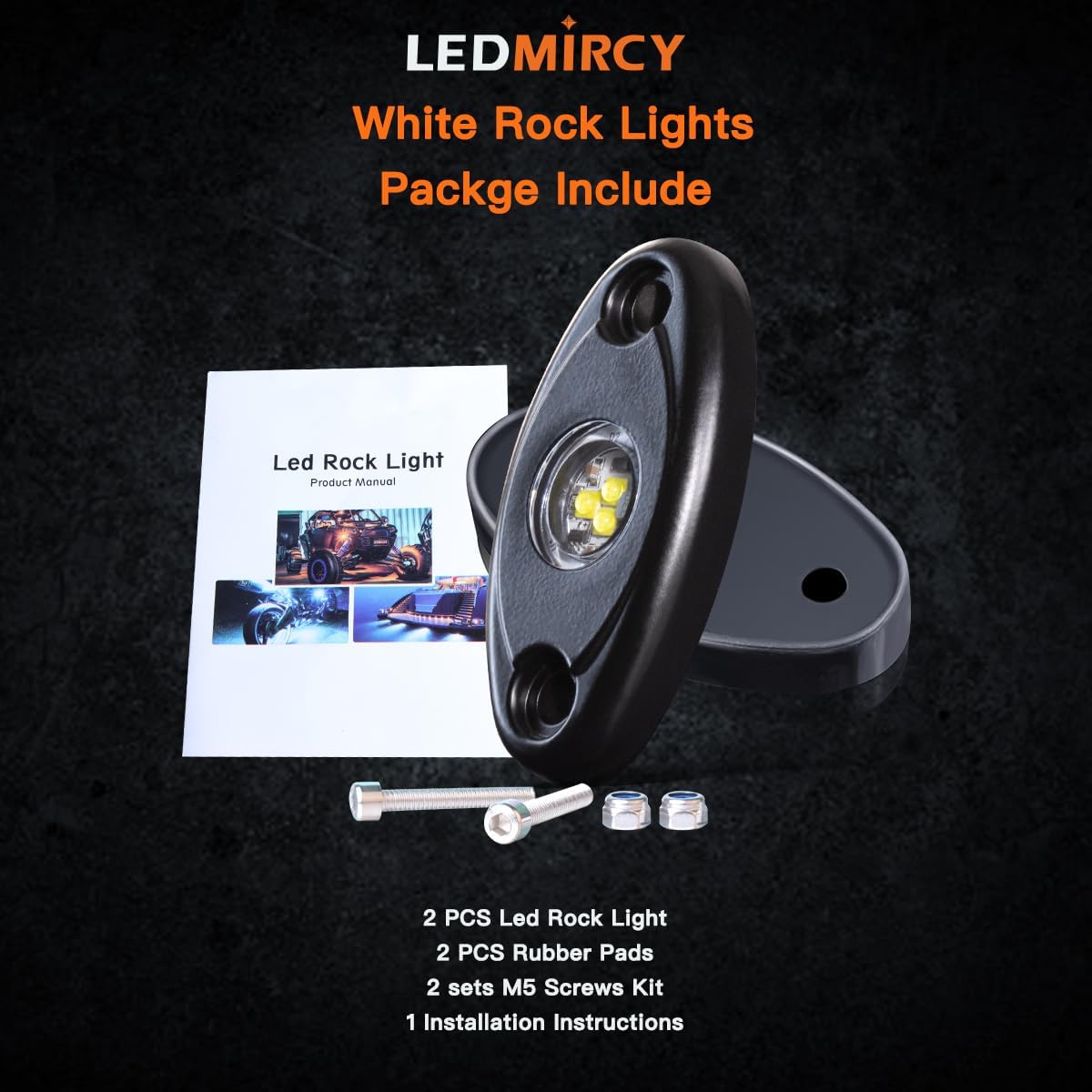 LEDMIRCY Luces LED de roca, color blanco, 2 piezas para todoterreno, camiones, coches, barcos, ATV, SUV, RZR, impermeables, de alta potencia, luces