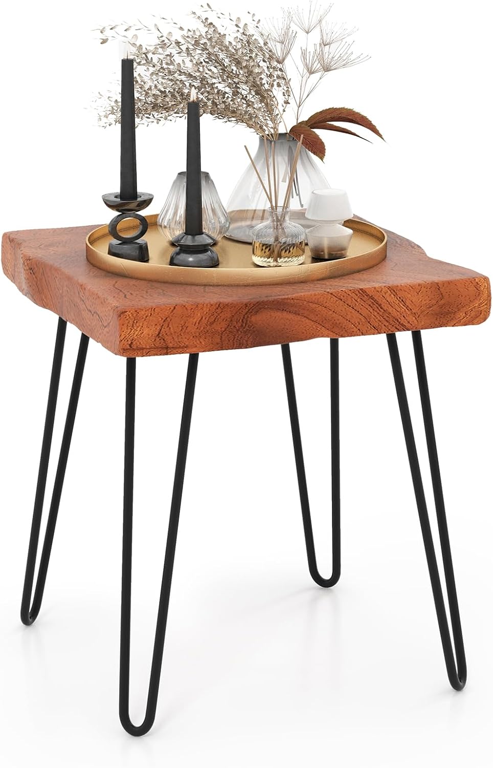 Giantex Mesa auxiliar de madera de teca, mesa auxiliar sólida con borde vivo para exteriores con grano natural y patas de metal resistente, soporte
