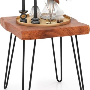 Giantex Mesa auxiliar de madera de teca, mesa auxiliar sólida con borde vivo para exteriores con grano natural y patas de metal resistente, soporte Giantex Mesa auxiliar de madera de teca, mesa auxiliar sólida con borde vivo para exteriores con grano natural y patas de metal resistente, soporte