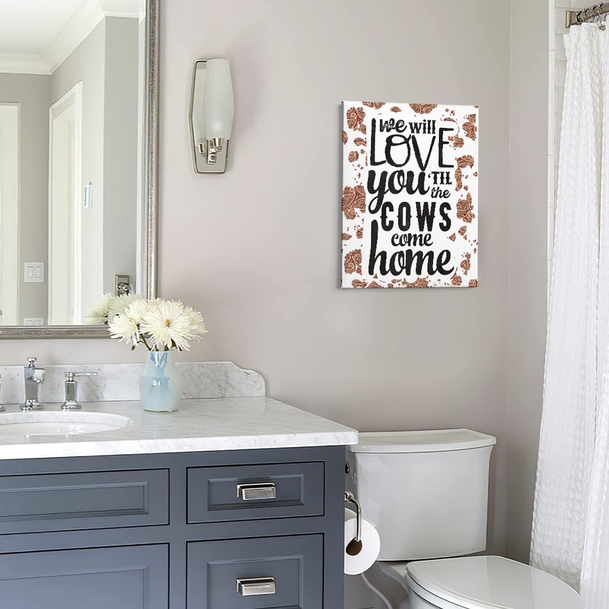 PHAMTE We Will Love You ‘Til The Cows Come Home – Póster de cuero de vaca bohemio occidental marrón y negro, lienzo enmarcado para decoración del