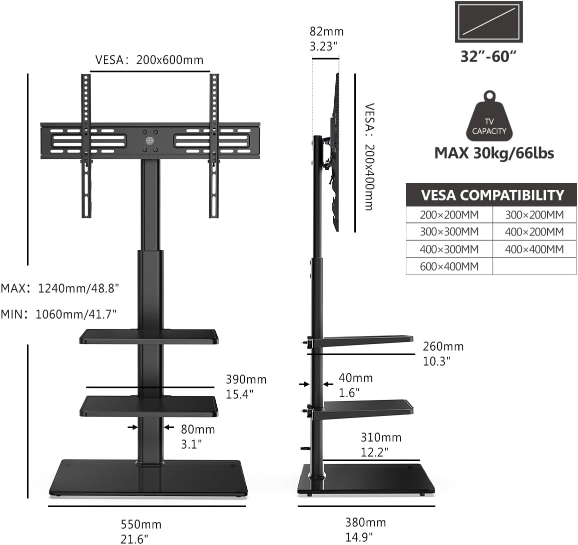 FITUEYES Soporte de suelo de TV de esquina para televisores de 32, 40, 47, 50, 55 y 60 pulgadas, soporte de TV giratorio con soporte, apto para