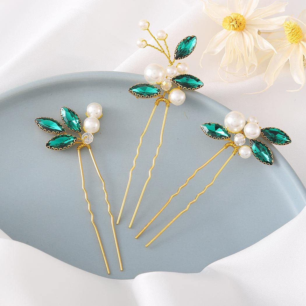 Casdre Horquillas para el pelo de perlas doradas y verdes con diamantes de imitación para novias, accesorios para el cabello de boda para mujeres y