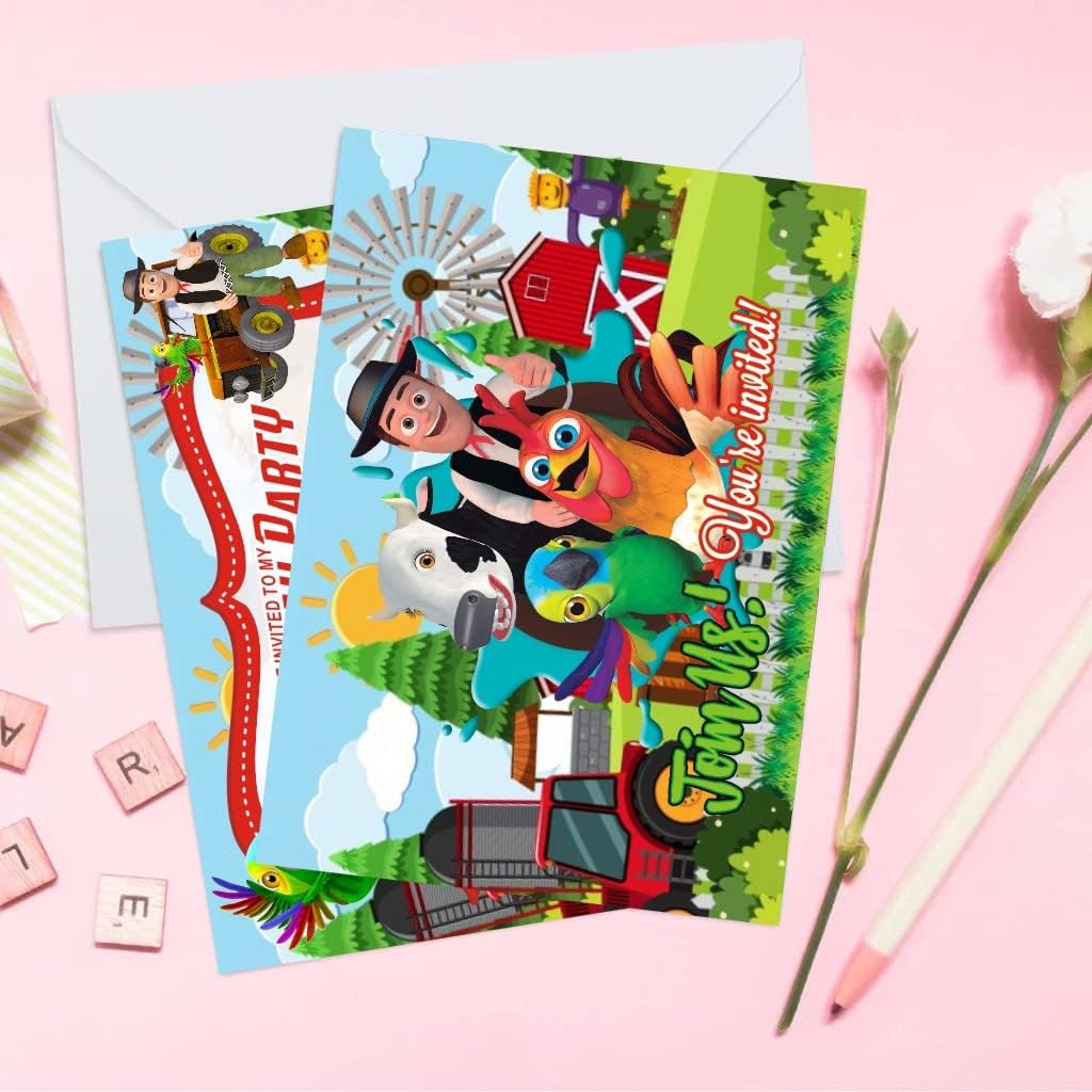 ZPLHBHX 16 tarjetas de invitación de cumpleaños de granja con sobres, suministros de fiesta de cumpleaños de granja para decoraciones de cumpleaños
