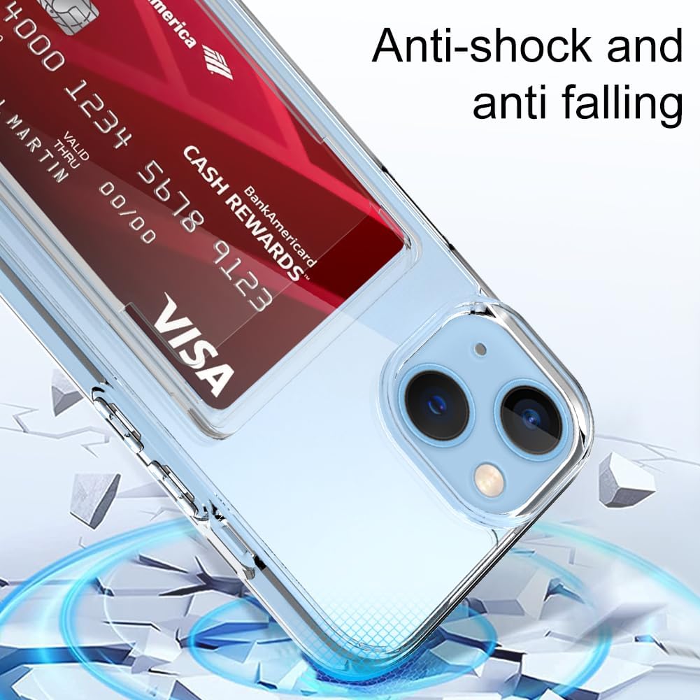 ZIYE Funda transparente compatible con iPhone 15 con tarjetero, protección de cámara de ajuste delgado, policarbonato duro, a prueba de golpes,