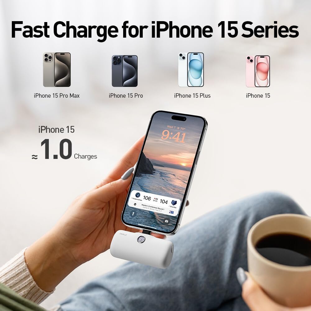 iWALK Cargador portátil de 4800 mAh, 20 W, USB C, batería de carga rápida pequeña con pantalla LED compatible con iPhone 15, 15 Plus, 15 Pro, 15 Pro