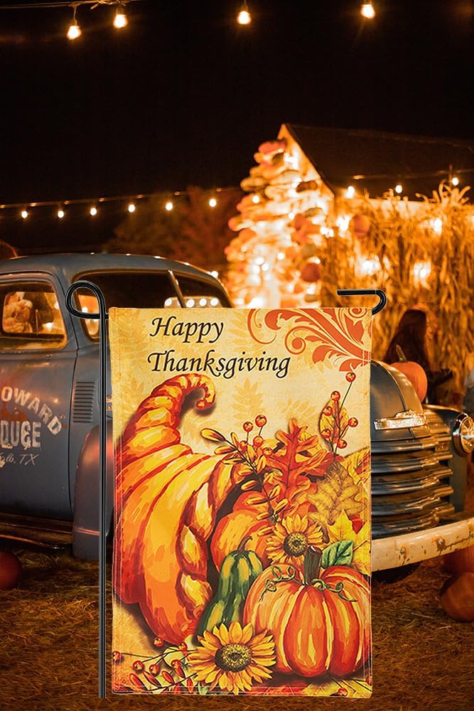 Bandera de jardín de temporada de doble cara de 12 x 18 pulgadas con texto en inglés Happy Thanksgiving para el hogar, decoración de porche de