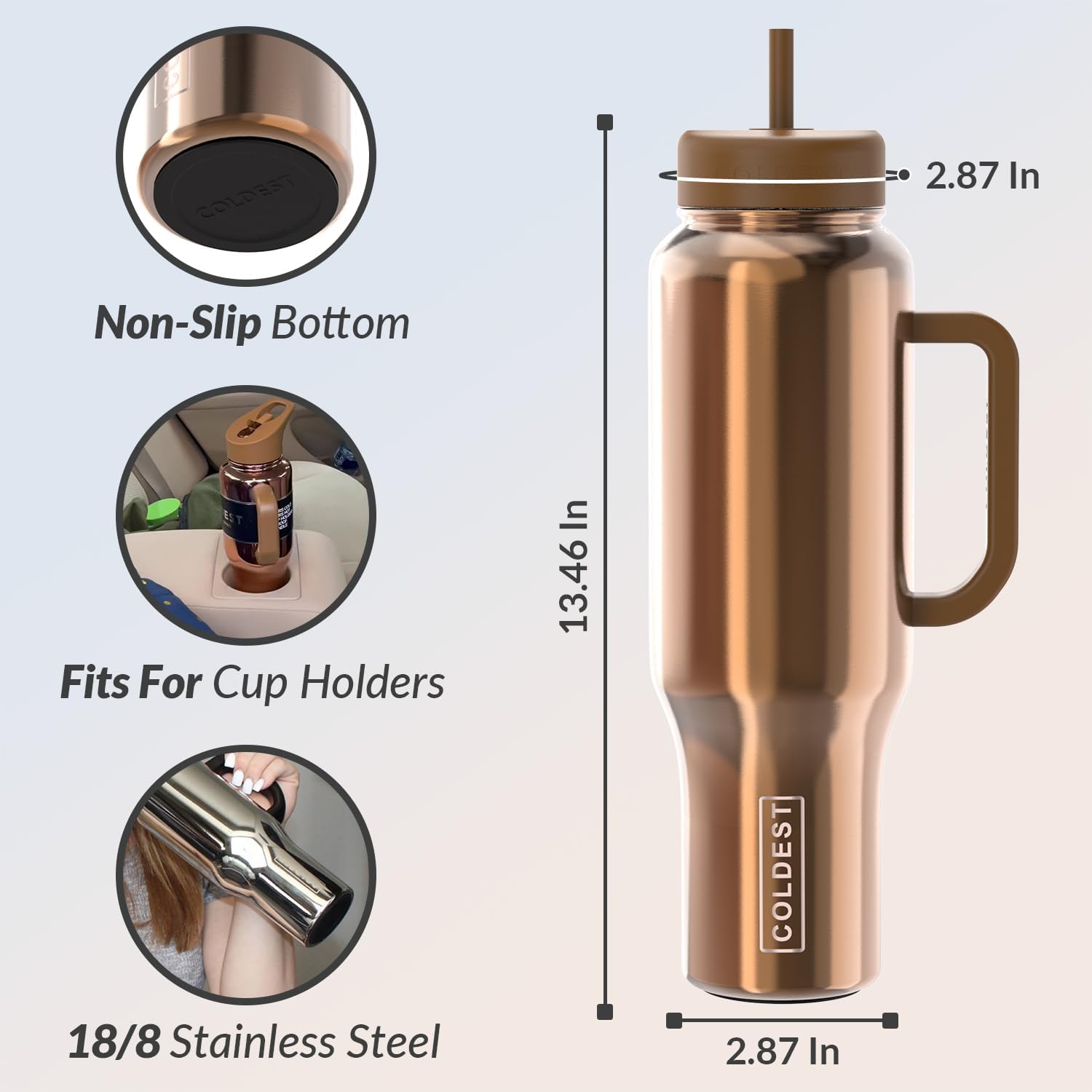 Coldest – Vaso con asa y tapa con pajilla, 3 tapas aisladas, reutilizable, de acero inoxidable, taza de viaje, regalos para mujeres, él y ella,
