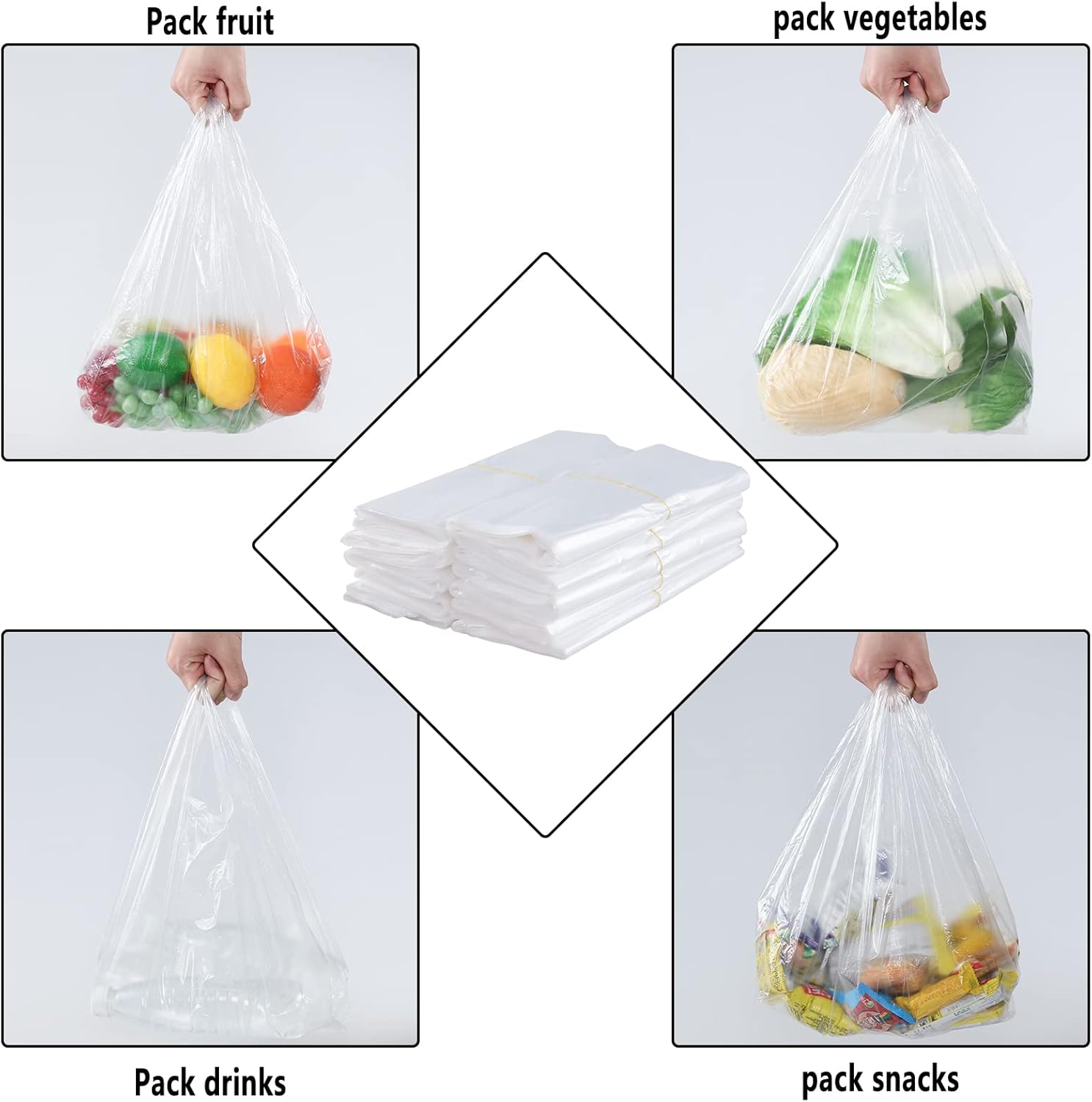 Cinkyou – Bolsa de plástico para camisetas de 800 unidades, bolsas de compras para comestibles, bolsa transparente para restaurantes, supermercados