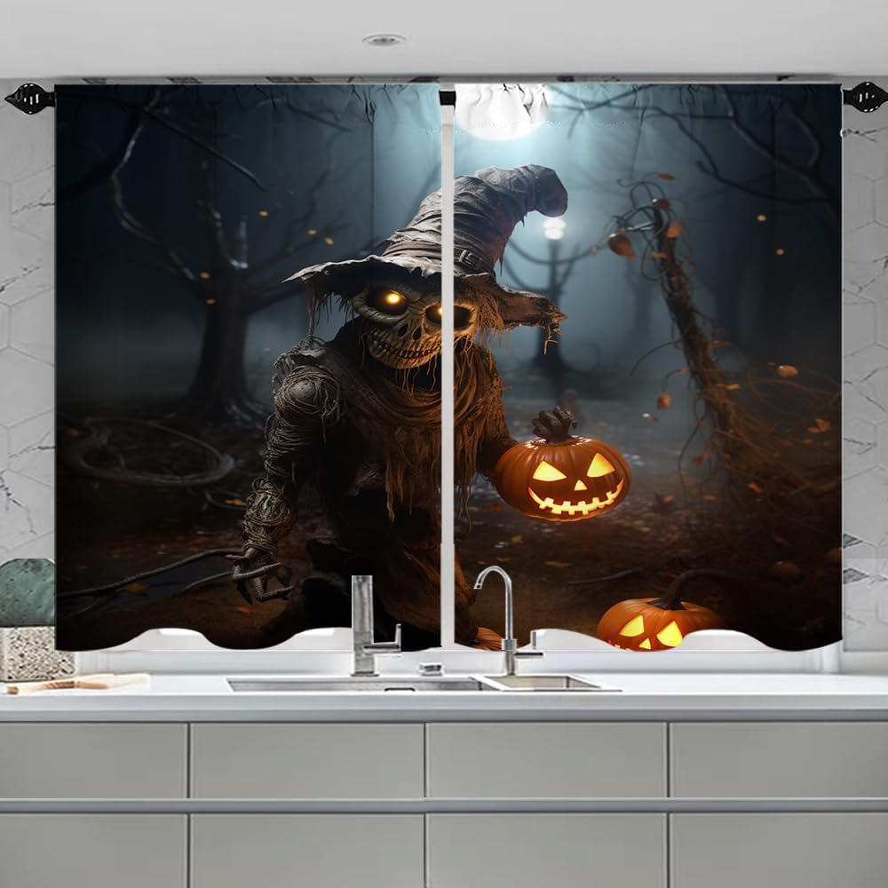 Halloween Kitchen Curtains Horror Skull with Magic Hat Pumpkin Lantern Moon Night Rod Pocket Small Drapes Cafe Curtain Bedroom Window Drapes 2