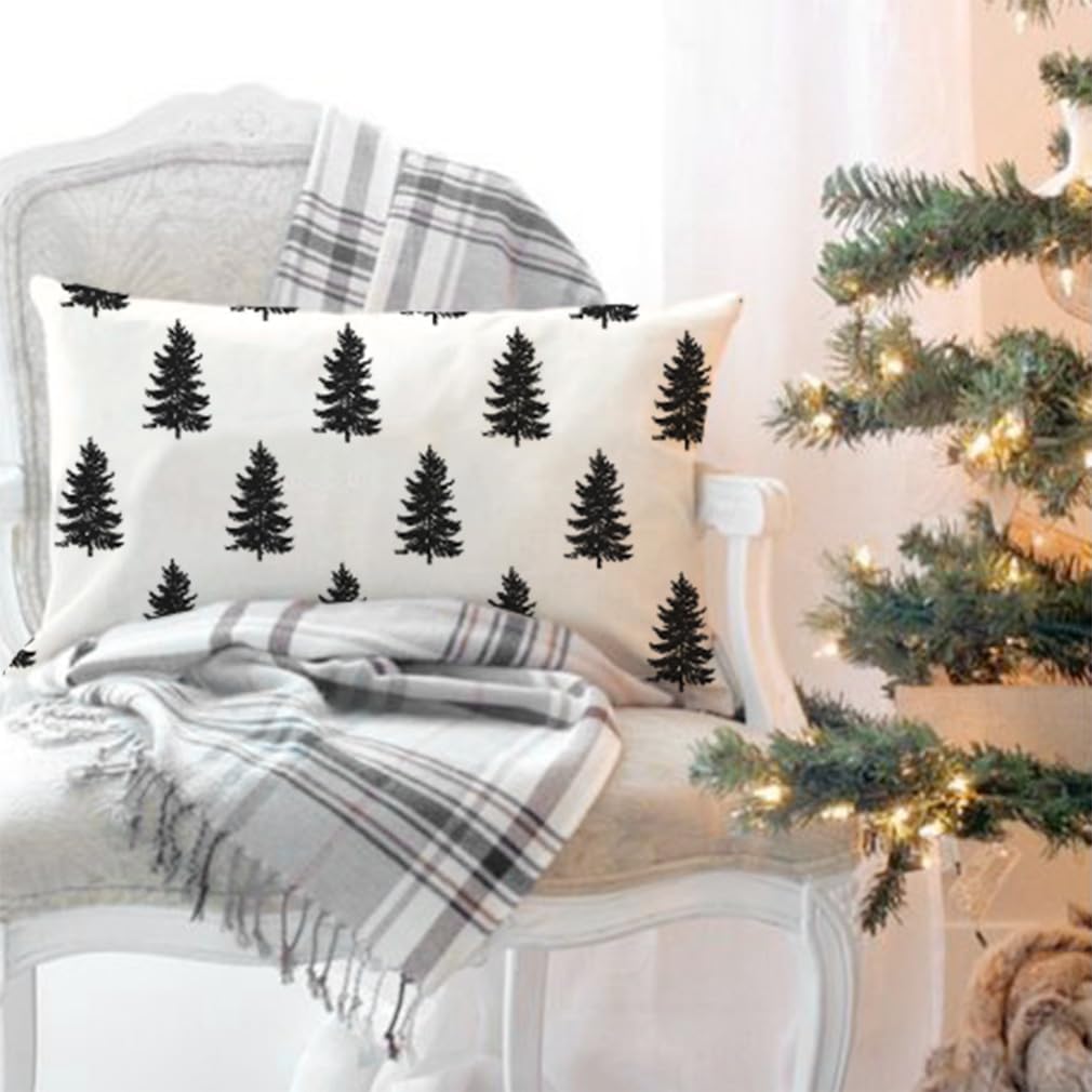 Funda de almohada moderna de árbol de Navidad de 12 x 20 pulgadas, decoración de pino de Navidad negro, almohadas lumbares de Navidad, fundas de