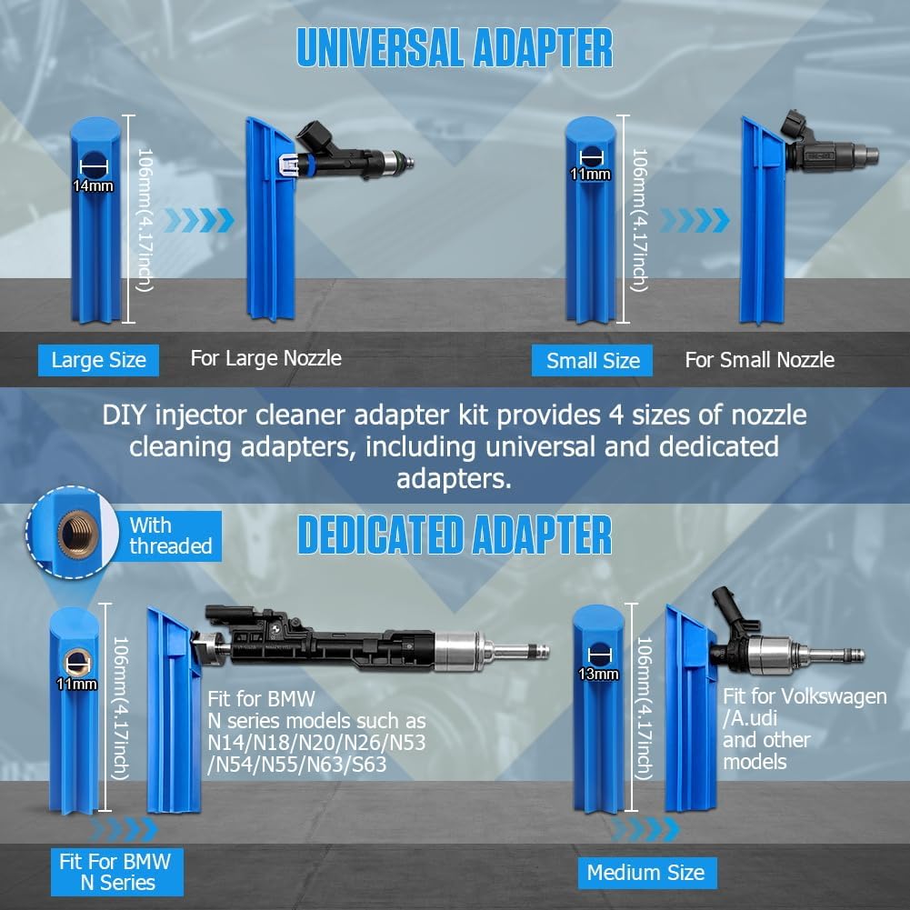 Kit de limpiador de inyector de combustible actualizado con 2 adaptadores universales y 2 limpiadores de descarga dedicados, 8 modos de pulso,