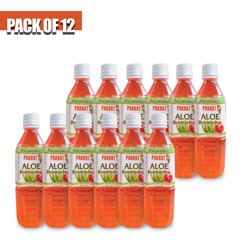 Parrot Bebida de aloe vera con sabor a pulpa y granada, aloe masticable añadido, bebida dulce y refrescante de Jucie de 16.9 onzas líquidas (paquete