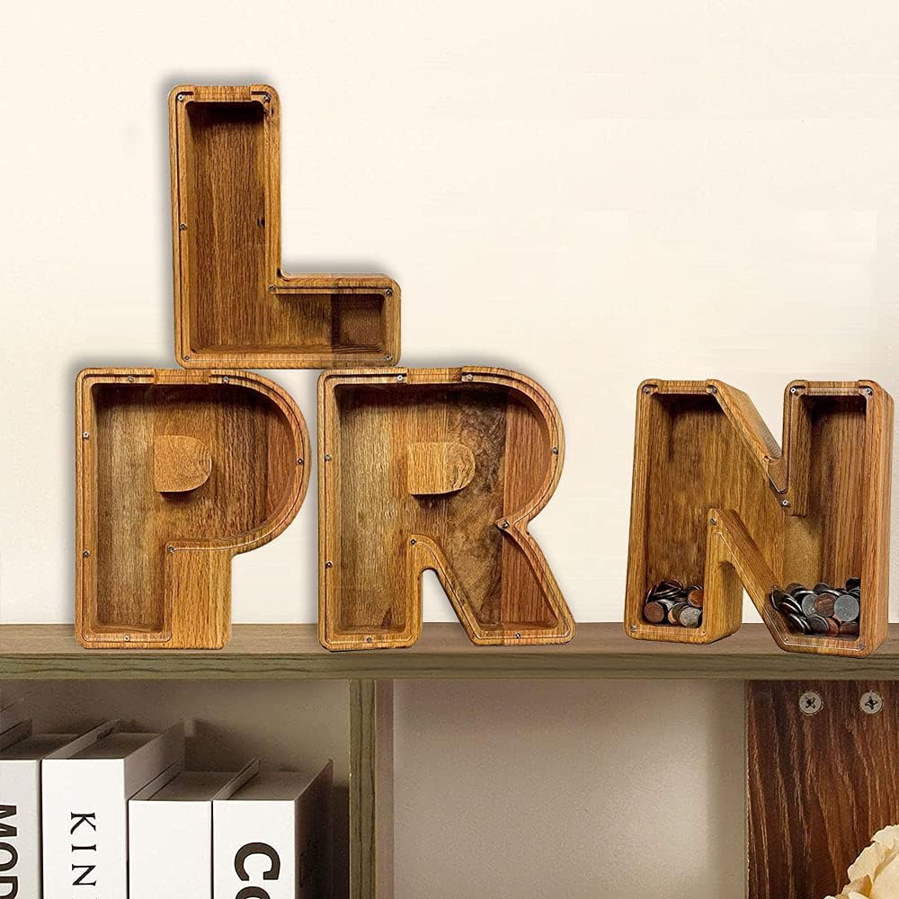 Alcancía personalizada, alcancía de madera personalizada para niños, monedero para niñas y niños, decoración de letras del alfabeto inglés de