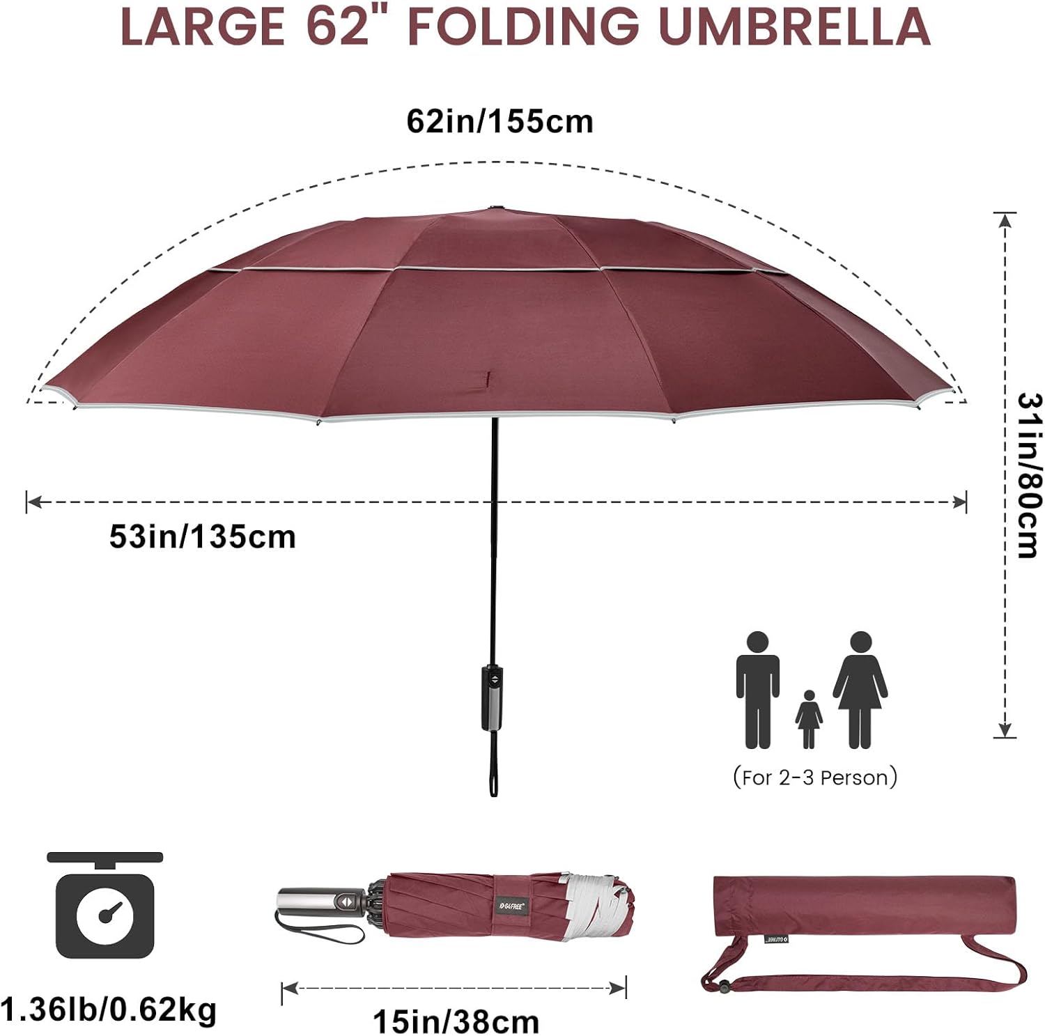 G4Free Paraguas invertido resistente al viento de 62 pulgadas con rayas reflectantes, paraguas grande y compacto de golf para lluvia, 10 varillas,