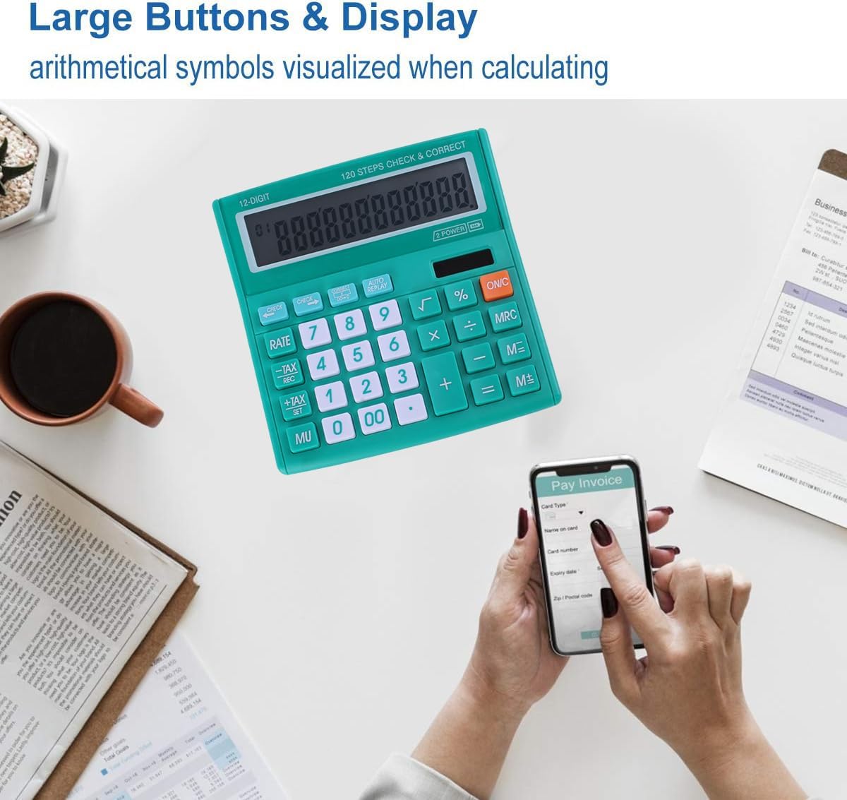 Calculadora de escritorio de oficina de 12 dígitos con energía solar y pantalla LCD HD fácil de leer, botones grandes, para asuntos financieros,