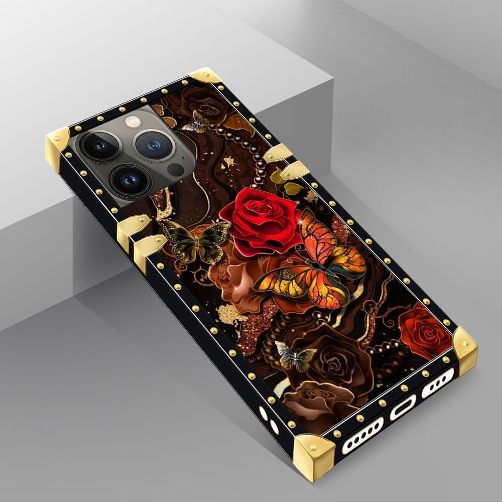 DAIZAG Funda compatible con iPhone 15 Pro Max, mariposa dorada de cártamo, para niñas y mujeres, decoración cuadrada de esquinas de metal,