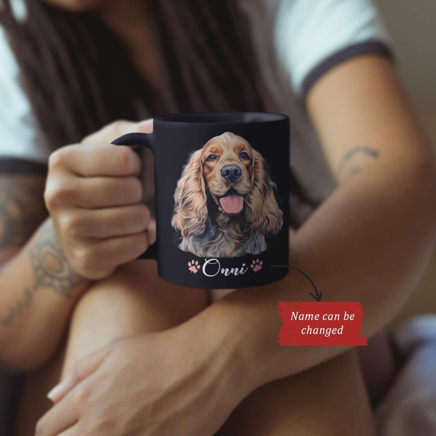 Taza personalizada para propietarios de Cocker Spaniel, taza de café negra personalizada con nombre, bonita taza de cerámica con retrato de cocker