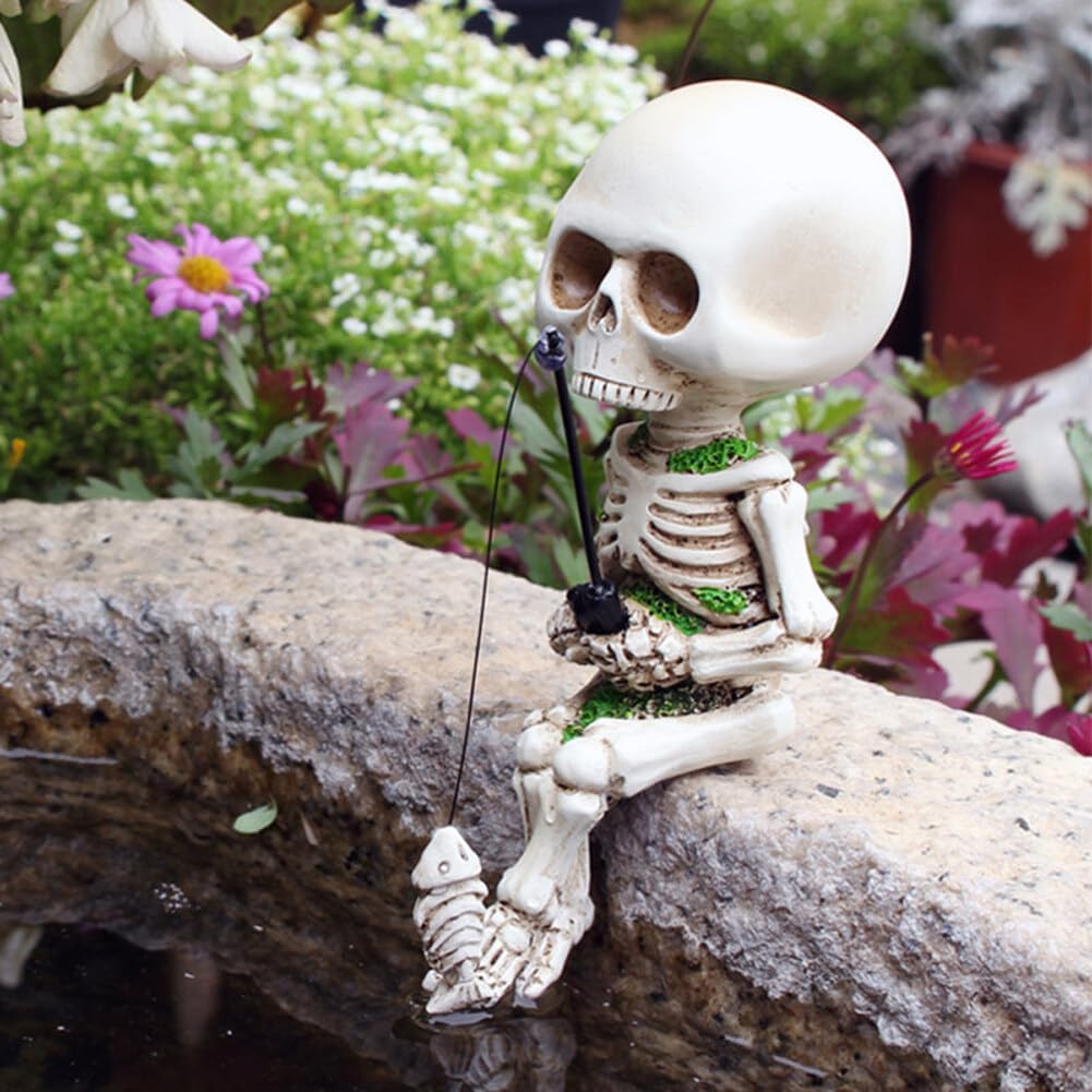 2 adornos de esqueletos de pesca para jardinería, estatua de esqueleto de pesca, figuras de resina, figuras de Halloween, estatuas de calavera de