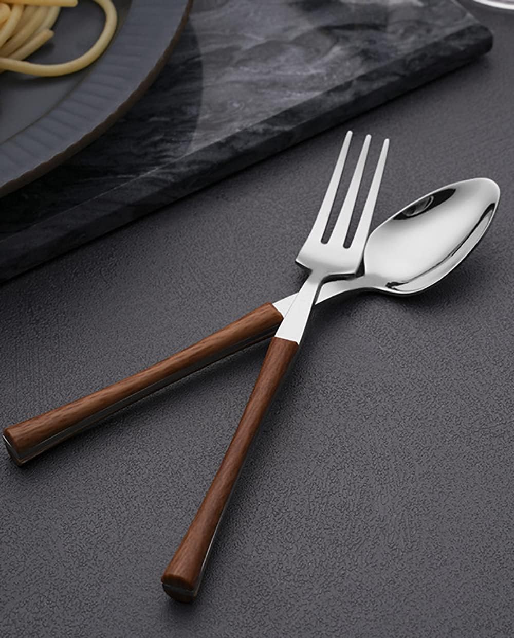 Juego de cubiertos con mango de madera sintética para 10 personas, juego de cubiertos de acero inoxidable de grado alimenticio, juego de vajilla de