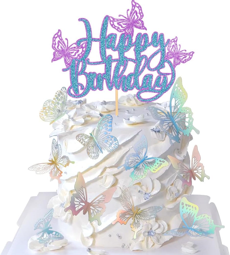 WRACKKIAR 13 Pcs Butterfly Cake Topper-Butterfly Happy Birthday cake topper-Girls Women’s Birthday Cake Party Decorations-Birthday Wedding Party