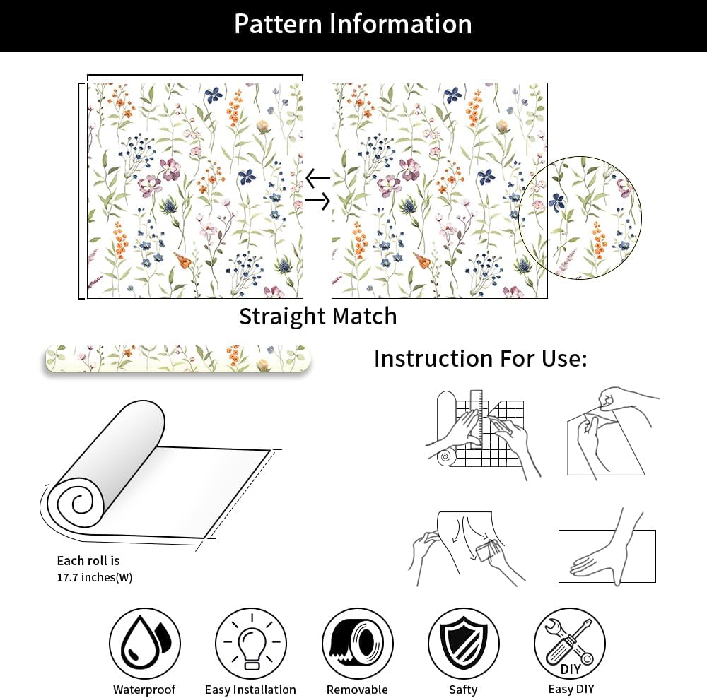 MuralPeel Papel tapiz de flores silvestres blancas, plantas florales, botánicos, autoadhesivo, extraíble, fácil de despegar en papel de pared para