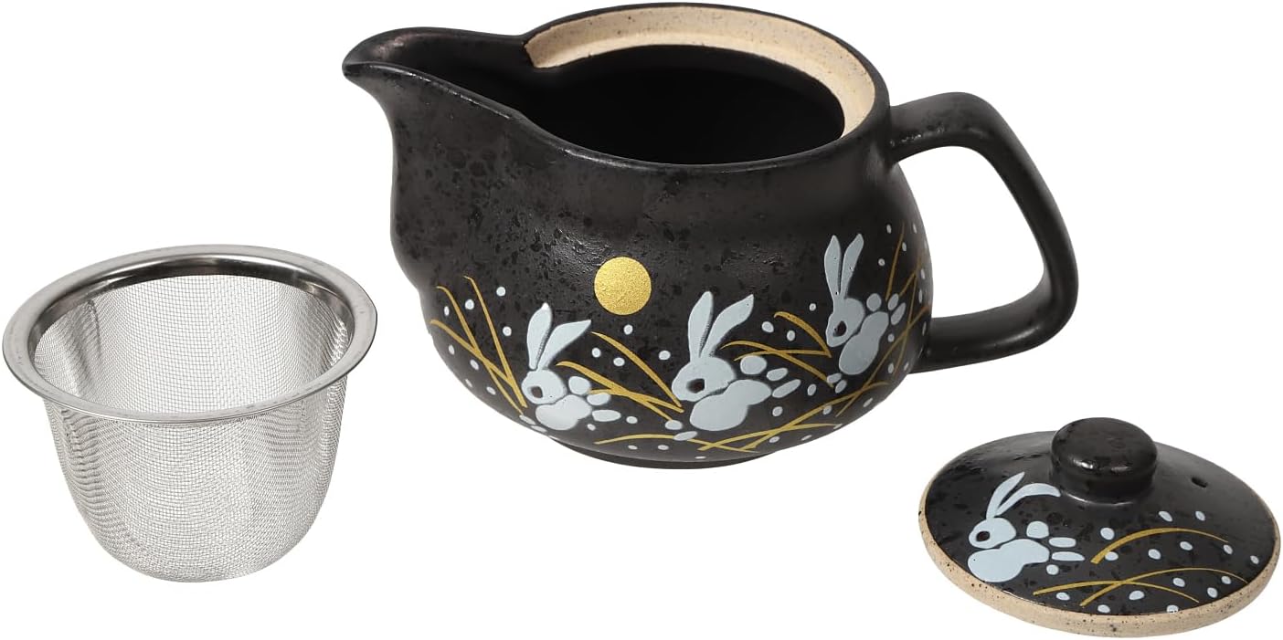 HAKONE YOSEGI Tetera japonesa Kutani Yaki de conejo Kutani Yaki de 10 onzas con infusor extraíble, taza con asa, tetera segura para estufa, set de