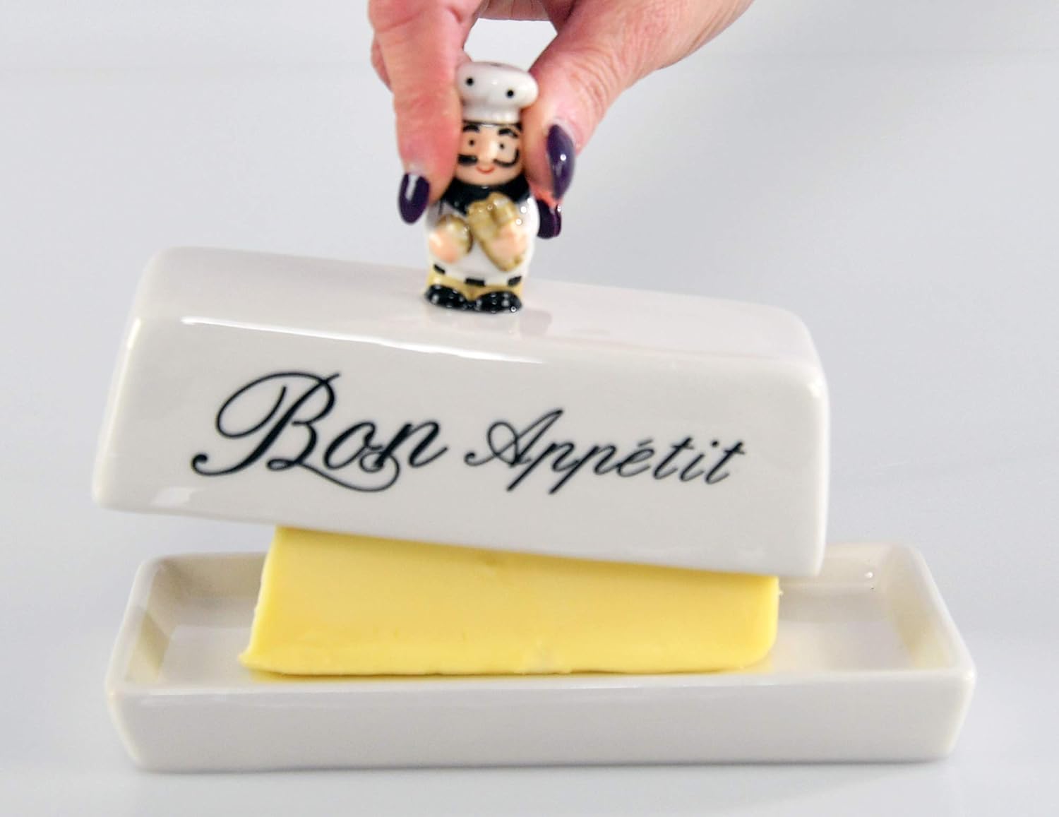 HOME-X Bon Appetit – Mantequillera con tapa, plato blanco para barra de mantequilla, plato con temática de chef, 6  pulgadas de largo x 3  pulgadas
