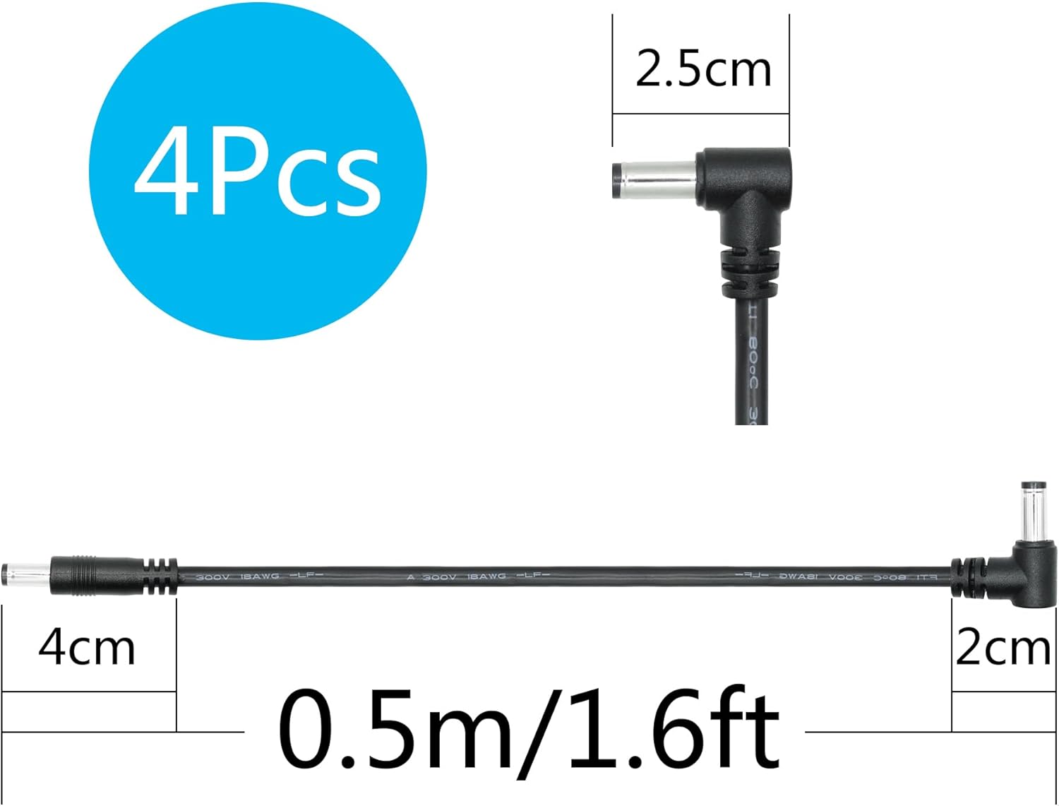 4 cables de extensión CC macho a macho de 1.6 pies, 18 AWG, 90 grados CC, 0.217 in x 0.083 in, adaptador de conector de cable de alimentación de 12