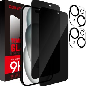 Corefyco Paquete de 2+2 Protector de pantalla de privacidad para iPhone 15 y película para lente de cámara, vidrio templado 9H, anti espía privado, Corefyco Paquete de 2+2 Protector de pantalla de privacidad para iPhone 15 y película para lente de cámara, vidrio templado 9H, anti espía privado,