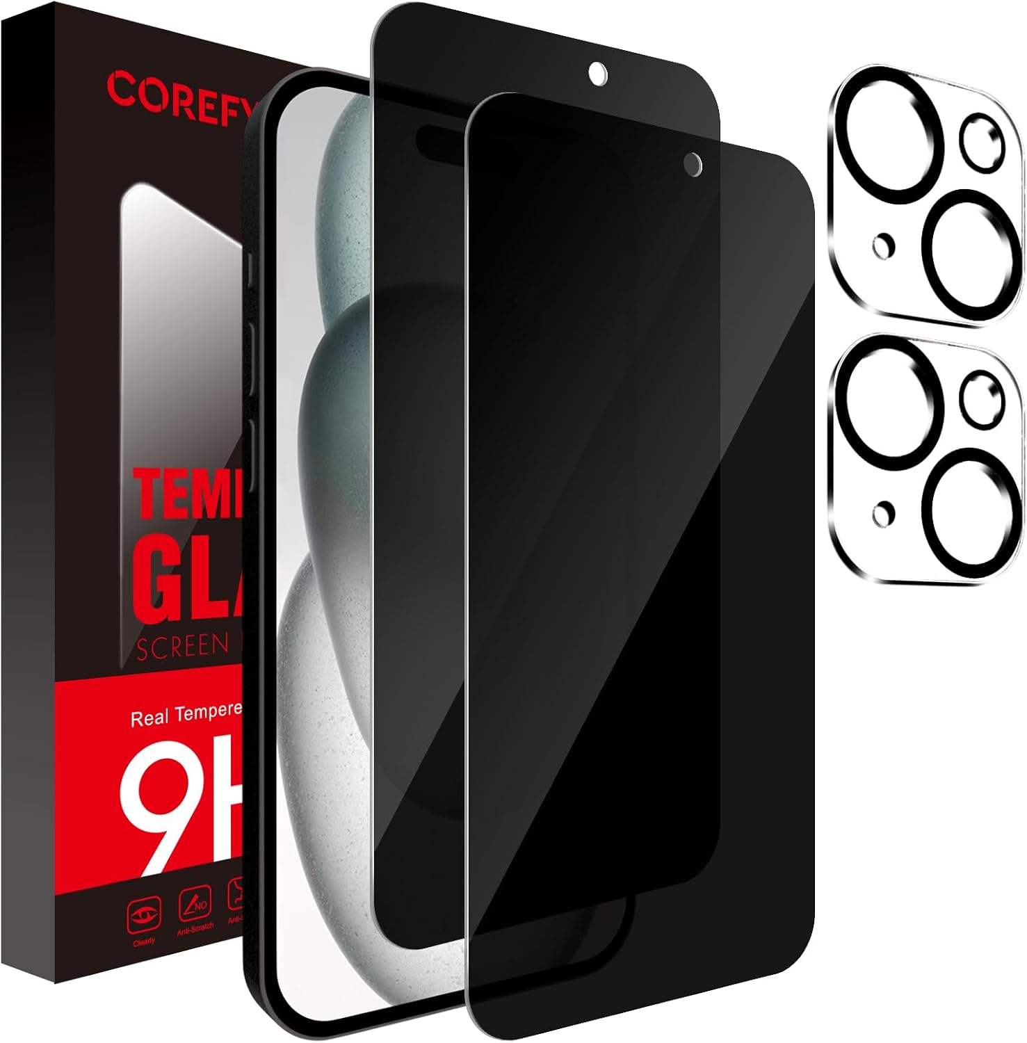 Corefyco Paquete de 2+2 Protector de pantalla de privacidad para iPhone 15 y película para lente de cámara, vidrio templado 9H, anti espía privado,