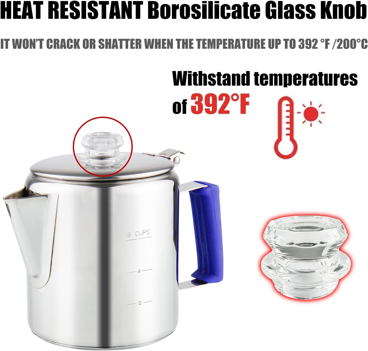 Percolador de café multiusos con perilla de vidrio resistente al calor y mango de gel de sílice azul, cafetera de acero inoxidable para cocina de
