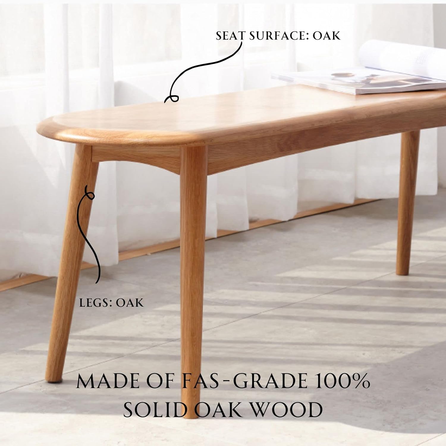 VADISUN – Banco de madera de roble 100 % macizo, diseño de superficie de silla con forma de baguette de esquina redondeada, banco de entrada, banco