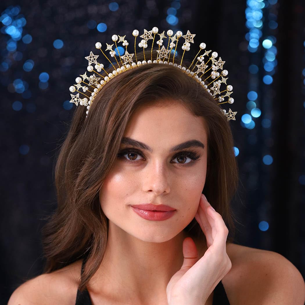 Urieo Corona con halo de estrellas, perlas doradas, diadema de diosa, tiara fina de cristal, accesorios para el cabello hechos a mano para mujeres